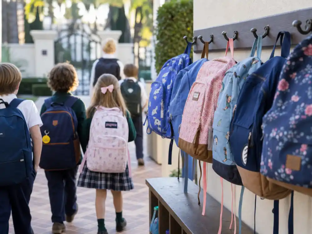 Private school backpacks from behind for Kardashian family kids education choices — cousin carpool era before North West homeschooling shift People verified without faces