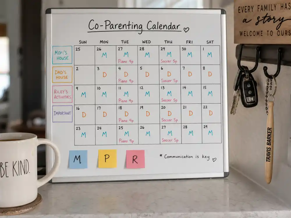 Co-parenting calendar whiteboard for Kardashian Jenner kids blended family explained — Scott Disick Tristan Thompson Travis Barker schedules without faces