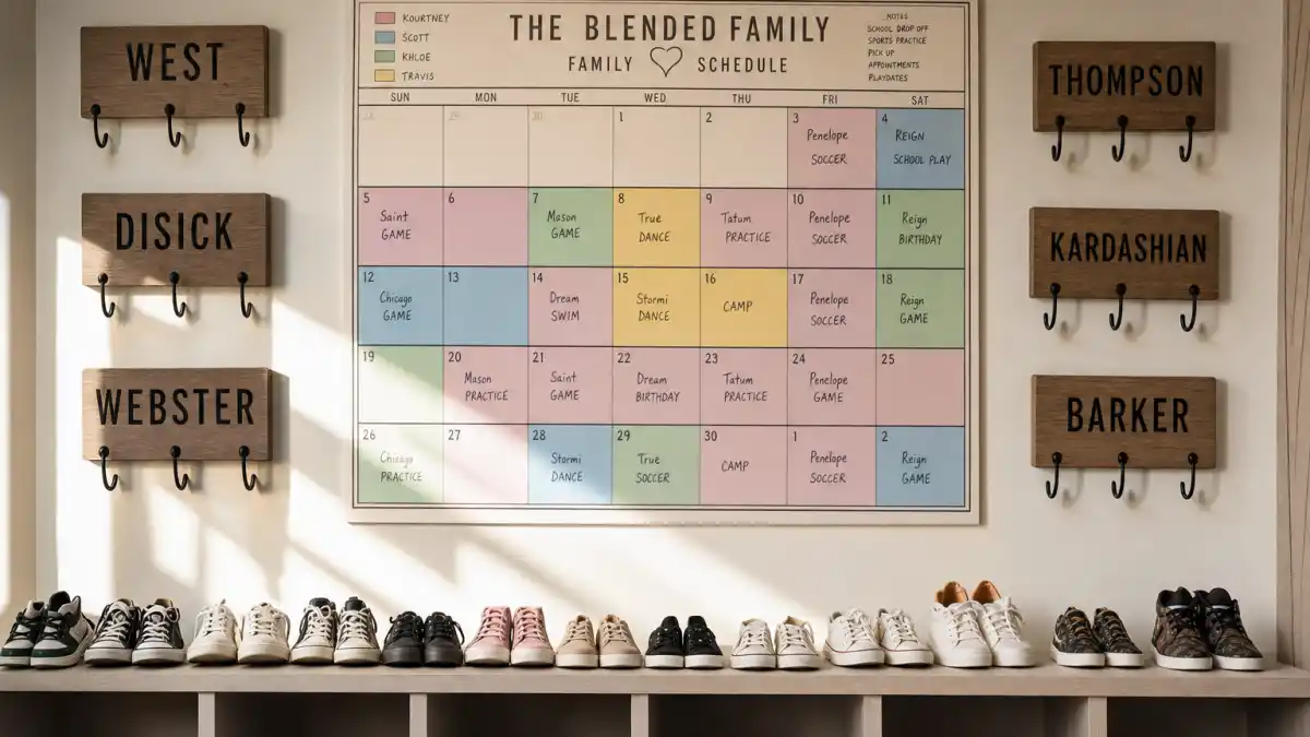 Kardashian Jenner kids blended family explained — mudroom calendar with West Disick Webster Thompson Kardashian Barker surname plaques and cousin shoe rows without faces