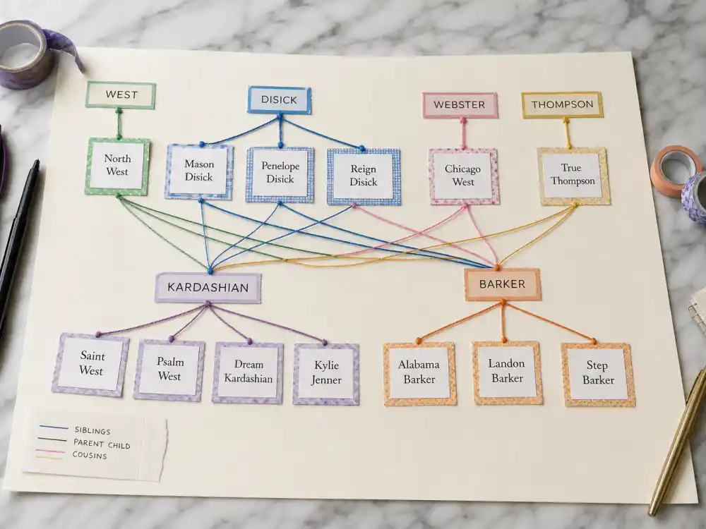 Handmade family tree chart with thirteen name cards for Kardashian Jenner kids blended family explained — five parent branches verified by People and Us Weekly
