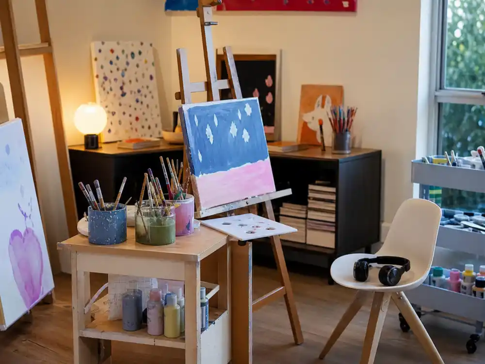 Kids art studio corner for Kardashian Jenner kids godparents and friends — North West creative circle easels paint headphones music lane Kim documented