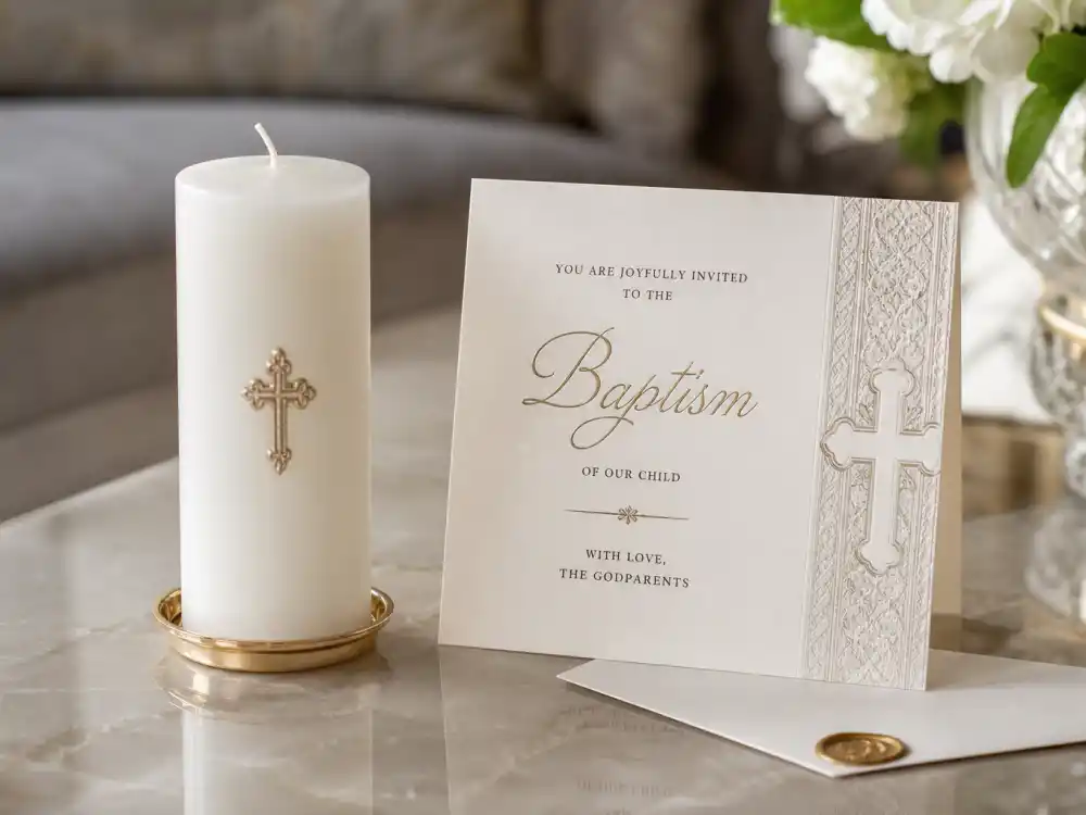 Baptism candle and invitation for Kardashian Jenner kids godparents and friends — Khloe North West Jerusalem godmother ceremony E verified without invented names