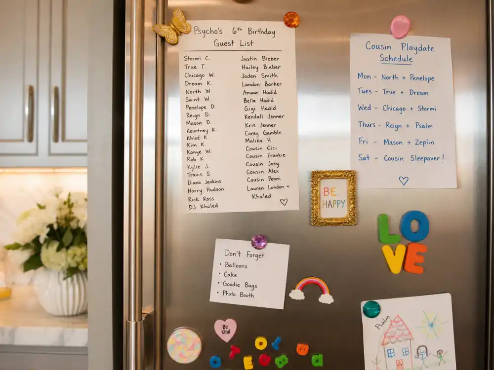 Party guest list on refrigerator for Kardashian Jenner kids godparents and friends — playdate planning cousin birthday invites verified family posts