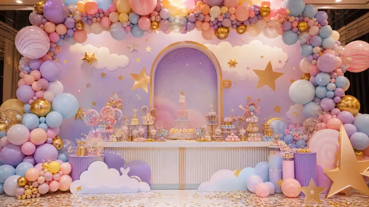 Kardashian kids birthday parties over the top — pastel balloon arch candy buffet and star backdrop at luxury toddler celebration without faces