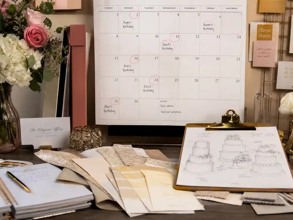 Party planning calendar and swatch board for Kardashian kids birthday parties over the top Kris Jenner milestone coordination per Us Weekly