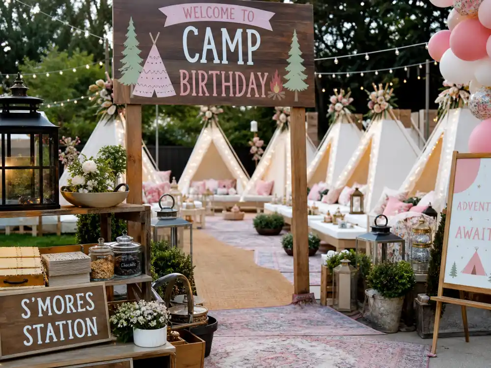Luxury glamping teepee setup for Kardashian kids birthday parties over the top Camp North weekend verified June 2022 by Us Weekly