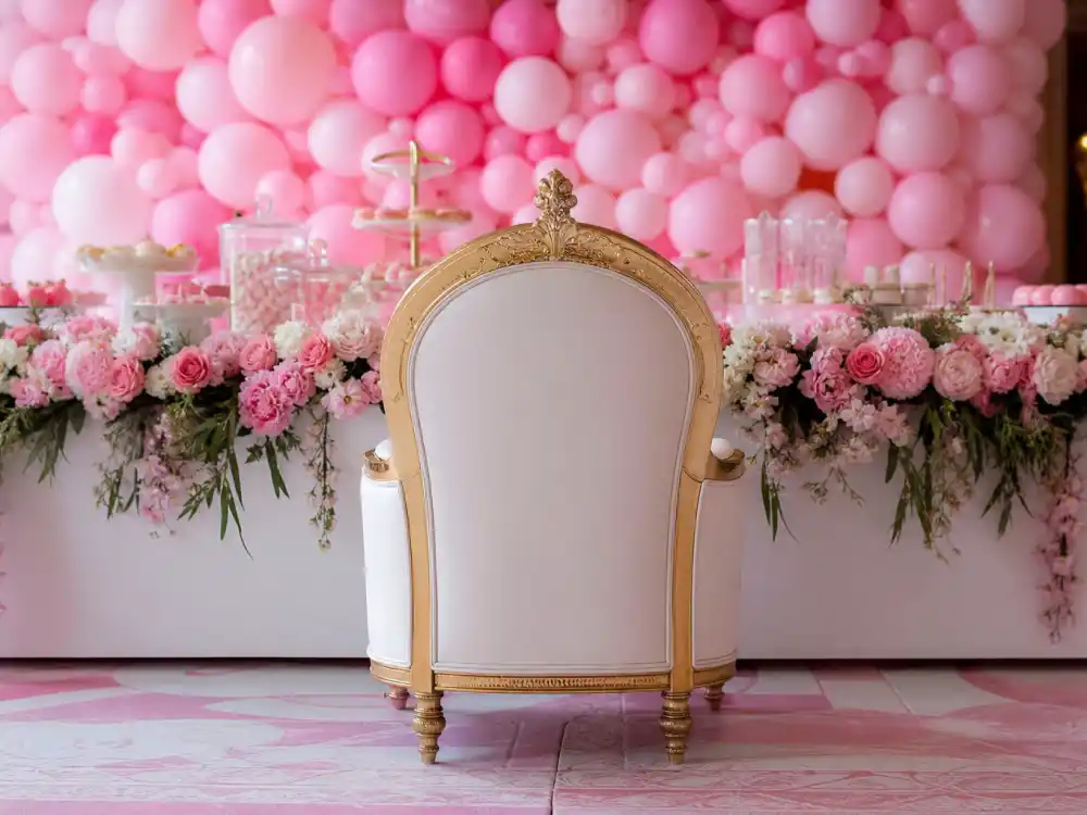 Pink balloon wall candy table for Kardashian kids birthday parties over the top True Thompson toddler celebrations documented by People