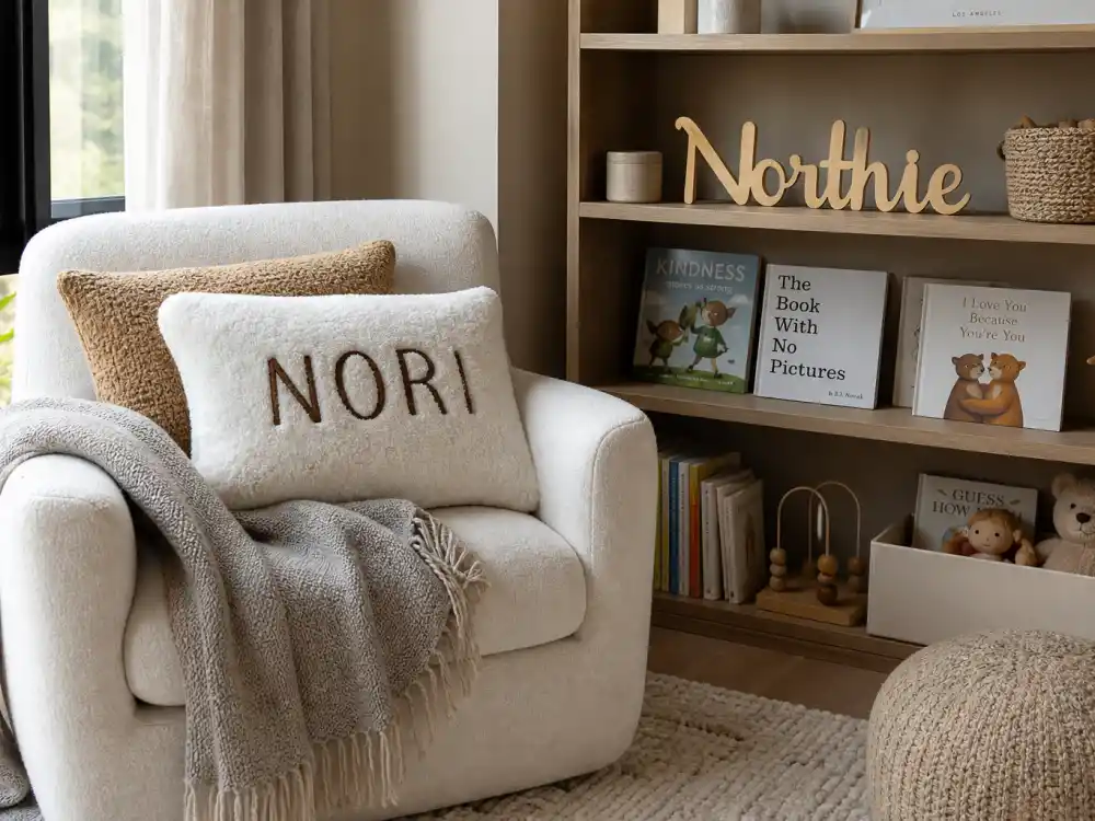 NORI monogram pillow and Northie plaque for Kardashian kids nicknames explained — North West verified family nickname from People and Us Weekly