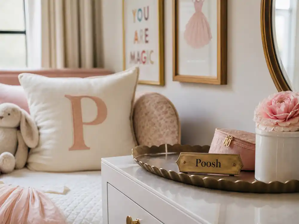 P monogram pillow and Poosh plaque for Kardashian kids nicknames explained — Penelope Disick verified Kourtney Kardashian Instagram nickname