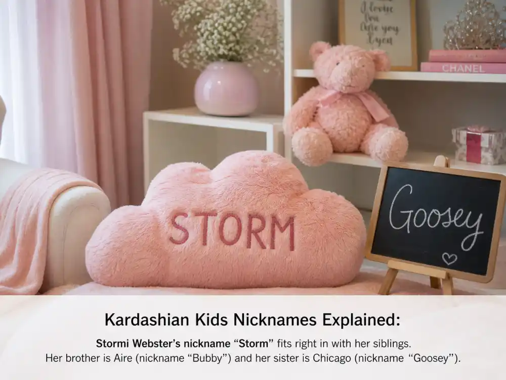 STORM pillow and Goosey chalkboard for Kardashian kids nicknames explained — Stormi Webster verified Kylie Jenner Instagram nicknames