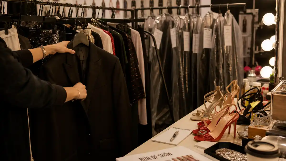 Karla Welch celebrity stylist clients — backstage styling workspace with garment racks, run-of-show boards, and red carpet heels prepared for awards season fittings