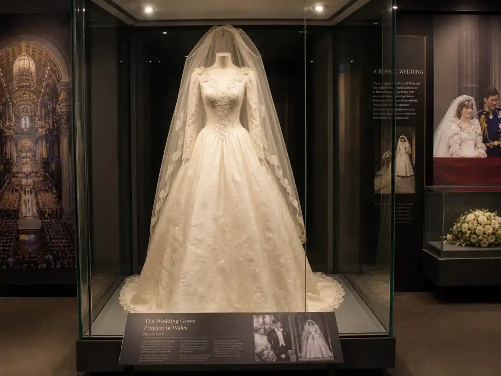 Fashion museum glass case preserving Kate Middleton wedding dress Alexander McQueen legacy as bridal fashion history landmark