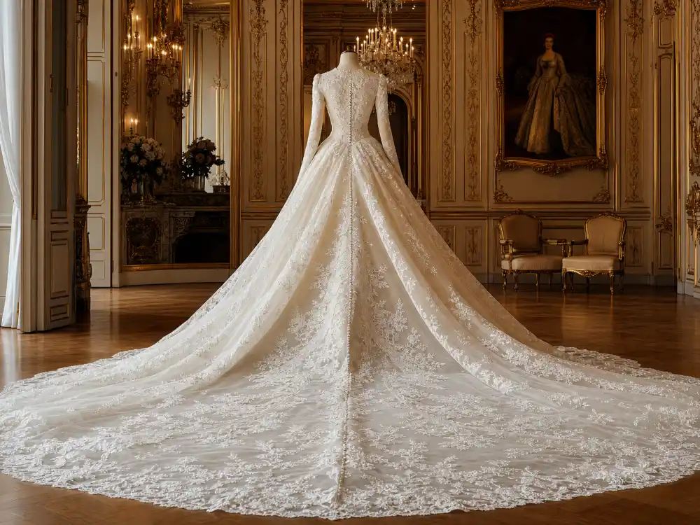 Nine-foot cathedral train on Kate Middleton wedding dress Alexander McQueen ivory lace gown viewed from behind in palace bridal salon