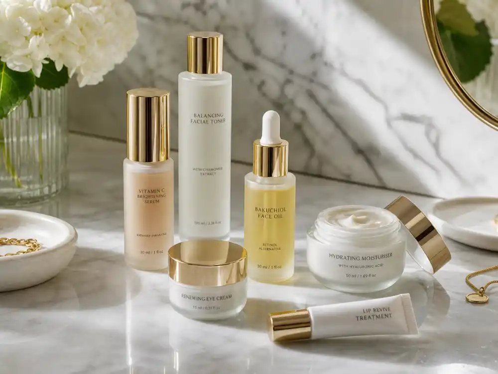 Luxury beauty products on marble vanity for Kate Moss Cosmoss wellness brand and Kate Moss Agency era