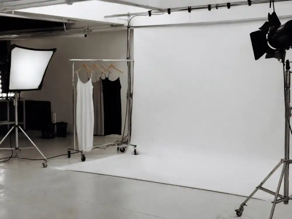 Minimalist 1990s white studio with slip dress for where is Kate Moss now Calvin Klein breakout era