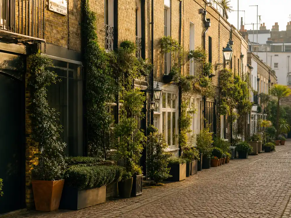 Quiet London mews street at golden hour for where is Kate Moss now in 2026 Notting Hill lifestyle