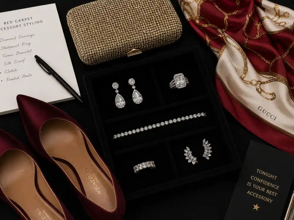 Red carpet accessory flat lay with diamond earrings clutch and heels capturing finishing rules from the Kate Young celebrity stylist guide for premiere nights