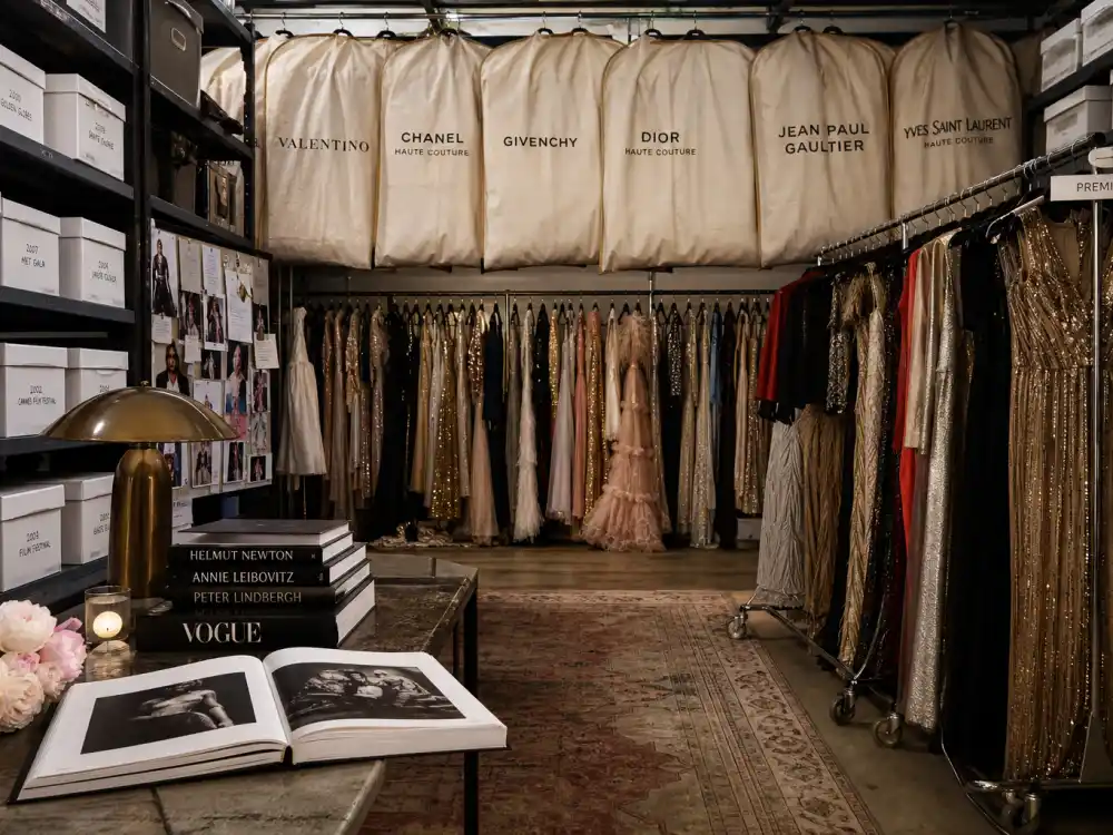 Vintage couture garment bags and labeled rolling racks in stylist archive storage showing sourcing habits outlined in the Kate Young celebrity stylist guide