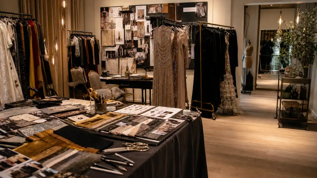 Luxury celebrity stylist studio with rolling garment racks, couture gowns, and mood boards illustrating the Kate Young celebrity stylist guide approach to red carpet preparation