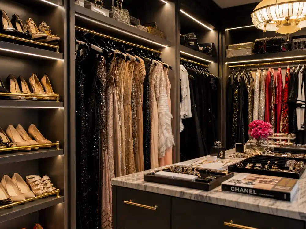 Organized walk-in wardrobe with designer dresses and jewelry trays reflecting closet systems Kate Young celebrity stylist guide readers use for premiere rotations