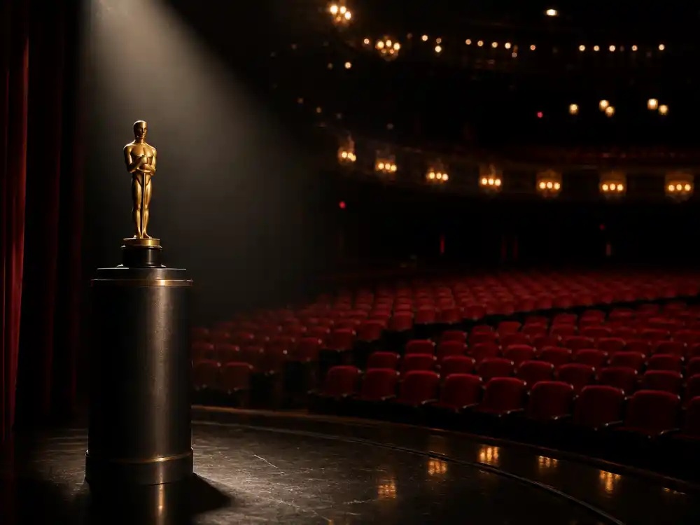 An empty awards stage with a gold statuette, reflecting the difficult reputation chapter of Katherine Heigl