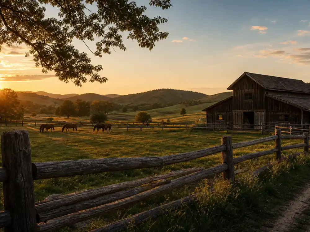A quiet ranch at golden hour, representing how Katherine Heigl stepped back from Hollywood for family life