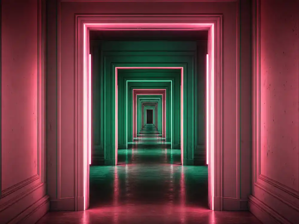 A surreal multiverse hallway evoking Ke Huy Quan Everything Everywhere All at Once Waymond Wang role