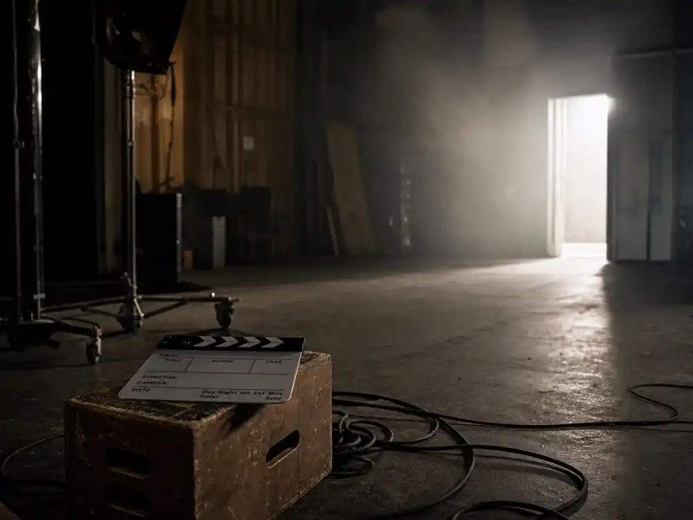 An empty film soundstage symbolizing the years when Ke Huy Quan stepped away from on-camera acting