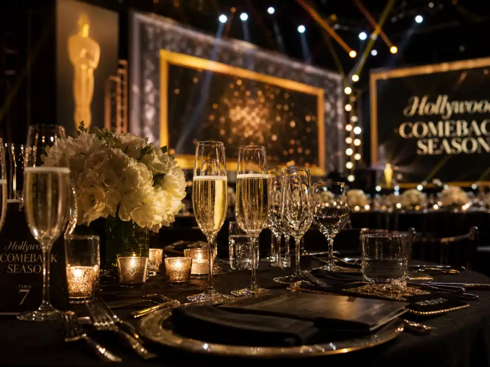 Champagne flutes at an award-season gala evoking Ke Huy Quan Everything Everywhere Oscar comeback in 2023