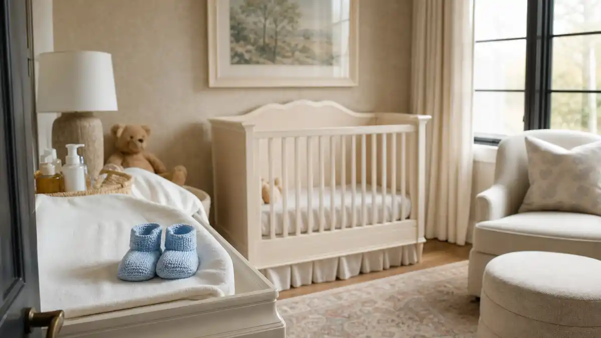 Keke Palmer pregnancy baby announcement nursery hub — cream crib with tiny blue booties on changing table in warm celebrity-style home