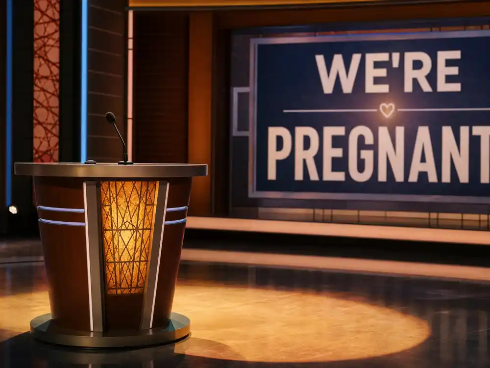 Television studio stage with host podium for Keke Palmer pregnancy baby announcement — December 2022 Saturday Night Live live reveal context