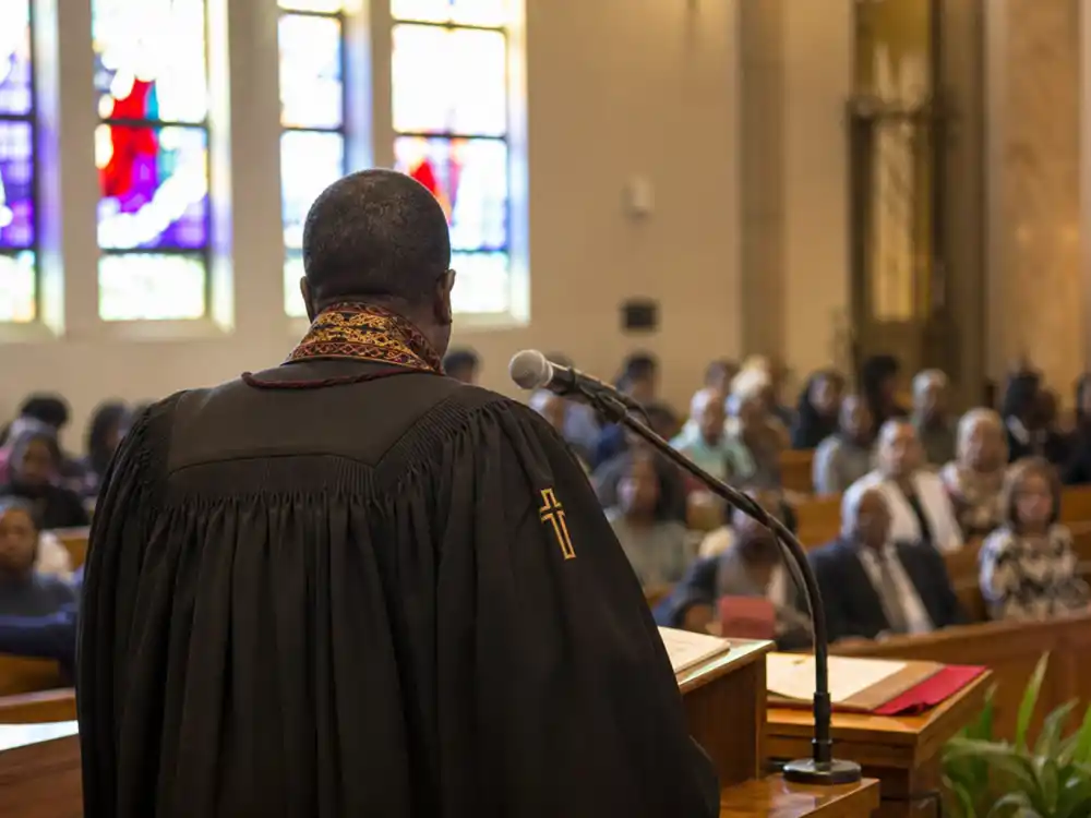 Modern church sanctuary pulpit for where is Kel Mitchell now as licensed pastor and minister
