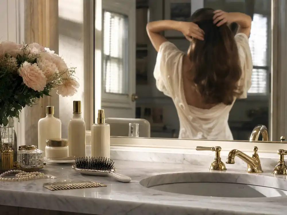 Vanity mirror hair-care scene evoking Kelly LeBrock iconic Pantene beauty commercial era