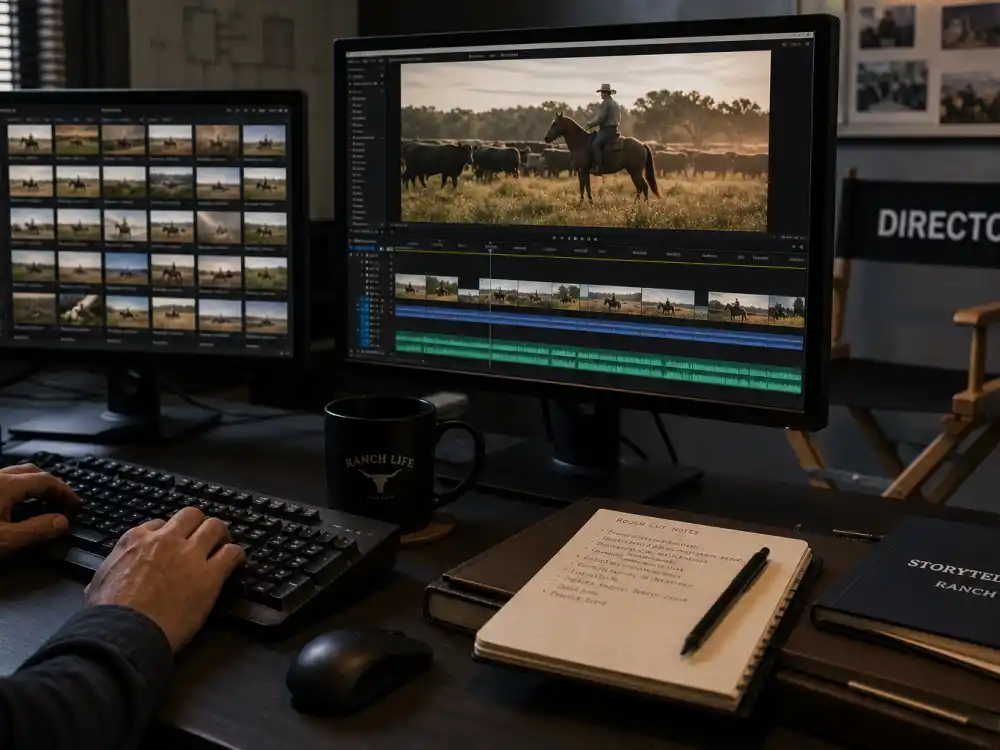 Documentary edit suite for Kelly LeBrock ranch-life and advocacy filmmaking projects