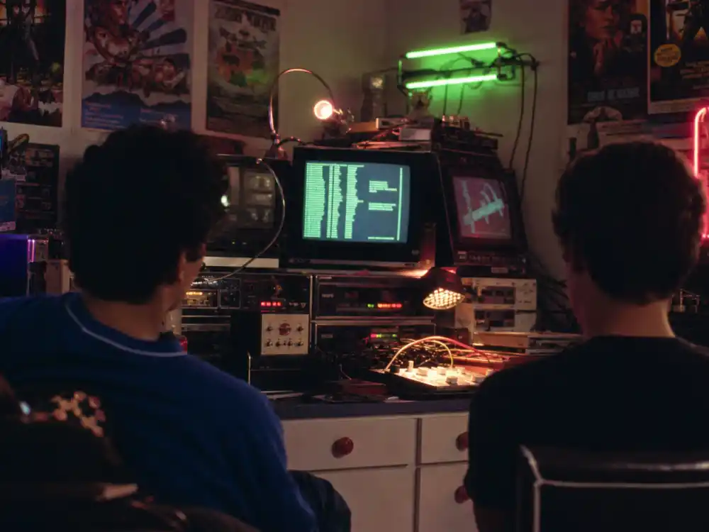 A 1980s suburban bedroom science lab evoking Kelly LeBrock Weird Science breakthrough role