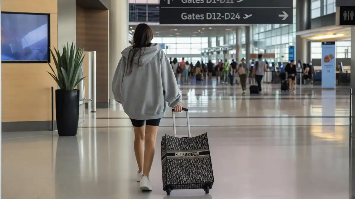 Kendall Jenner airport style 2026 — oversized grey hoodie black biker shorts and white sneakers at airport terminal seen from behind