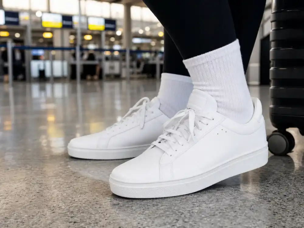 Pristine white sneakers with leggings showing Kendall Jenner airport style 2026 elevated athletic footwear codes