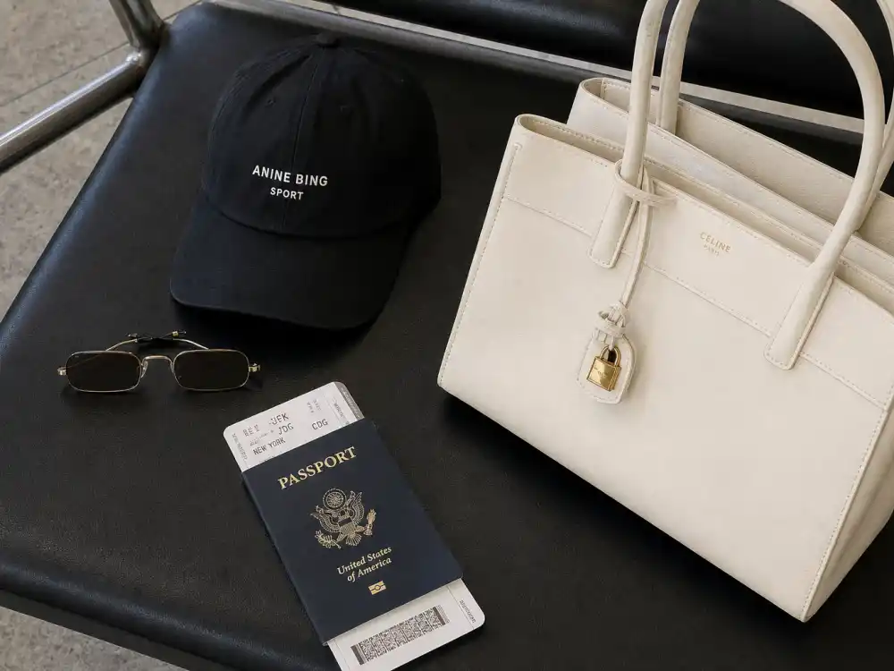Tiny sunglasses baseball cap and mini bag finishing Kendall Jenner airport style 2026 accessory layer