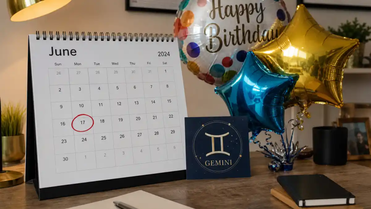 Kendrick Lamar age and birthday 2026 — desk calendar open to June with Gemini zodiac decorations marking his verified birth date