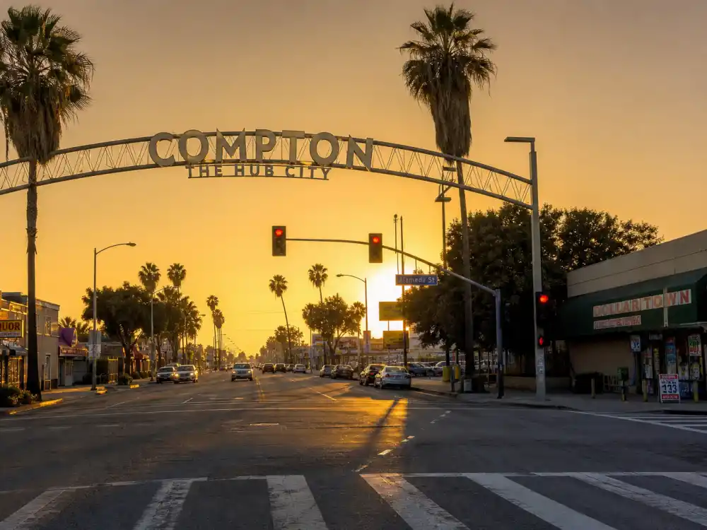 Compton California street scene evoking Kendrick Lamar age and birthday 2026 birthplace — Southern California city where he was born June 17, 1987