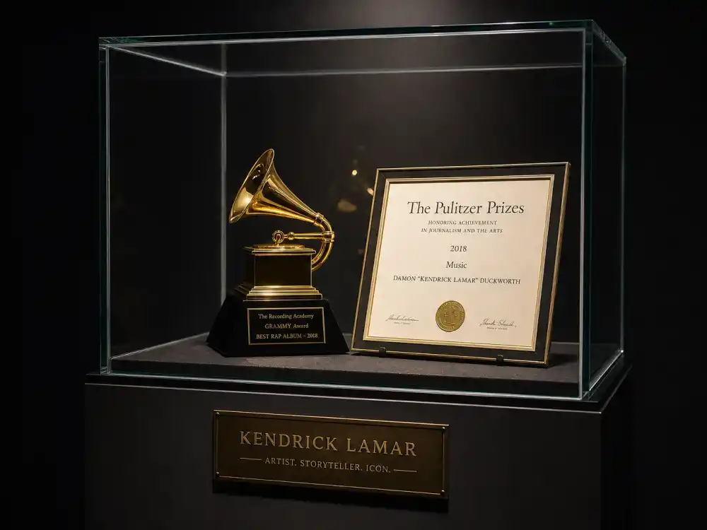 Grammy and Pulitzer award display reflecting Kendrick Lamar age and birthday 2026 at industry peak — chart-topping albums and historic Pulitzer Prize win in his late twenties
