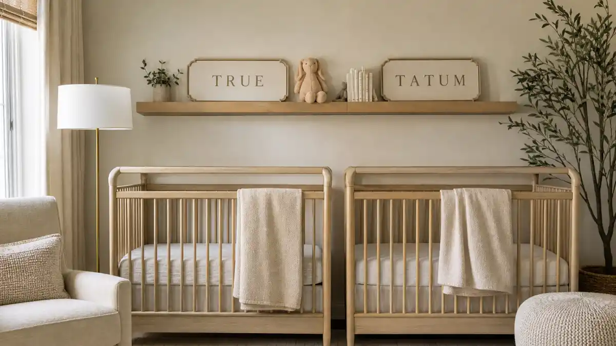Khloe Kardashian kids True and Tatum guide — luxury neutral nursery with TRUE and TATUM name plaques and twin cribs without faces