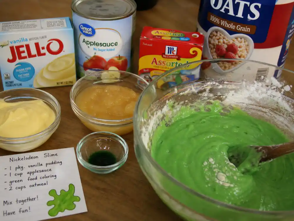 Vanilla pudding applesauce and green food coloring mixed into Nickelodeon slime recipe for Kids Choice Awards slime history lore