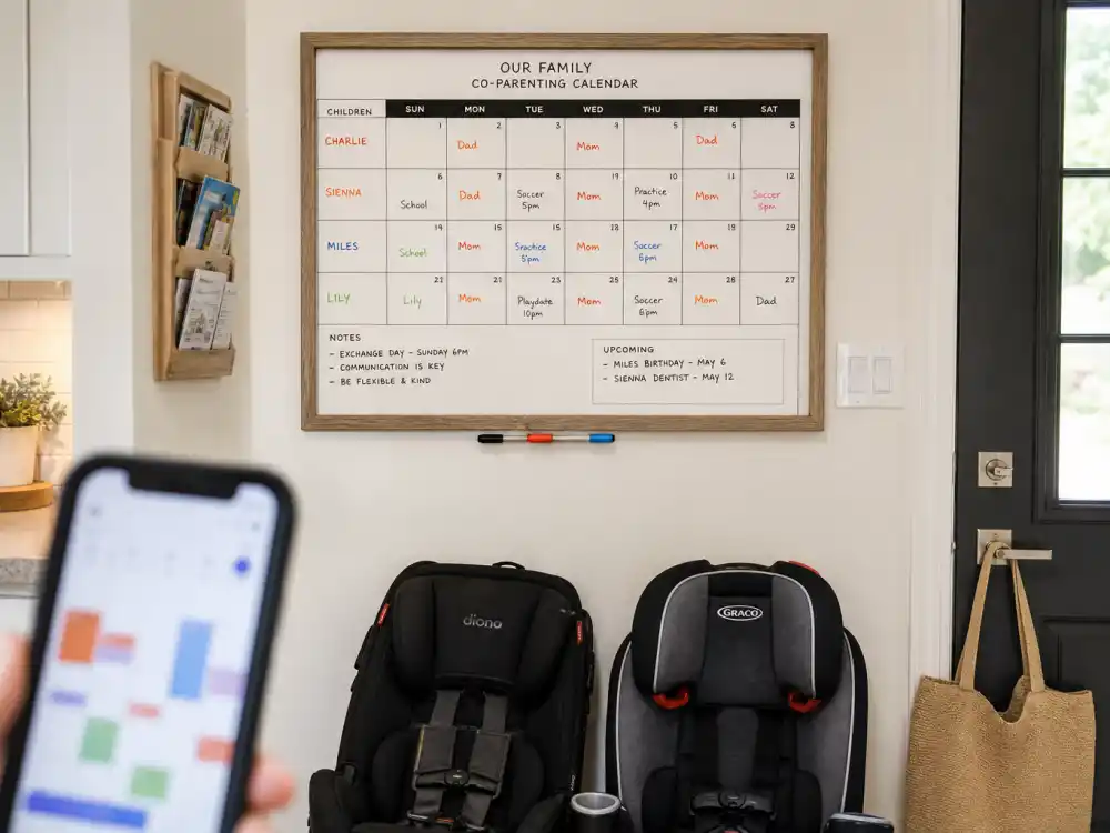 Co-parenting calendar with four children schedules — Kim Kardashian kids names ages and birthdays shared custody rhythm with Kanye West