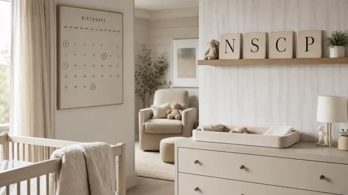 Kim Kardashian kids names ages and birthdays guide — nursery shelf with N S C P initials and family birthday calendar in neutral modern decor