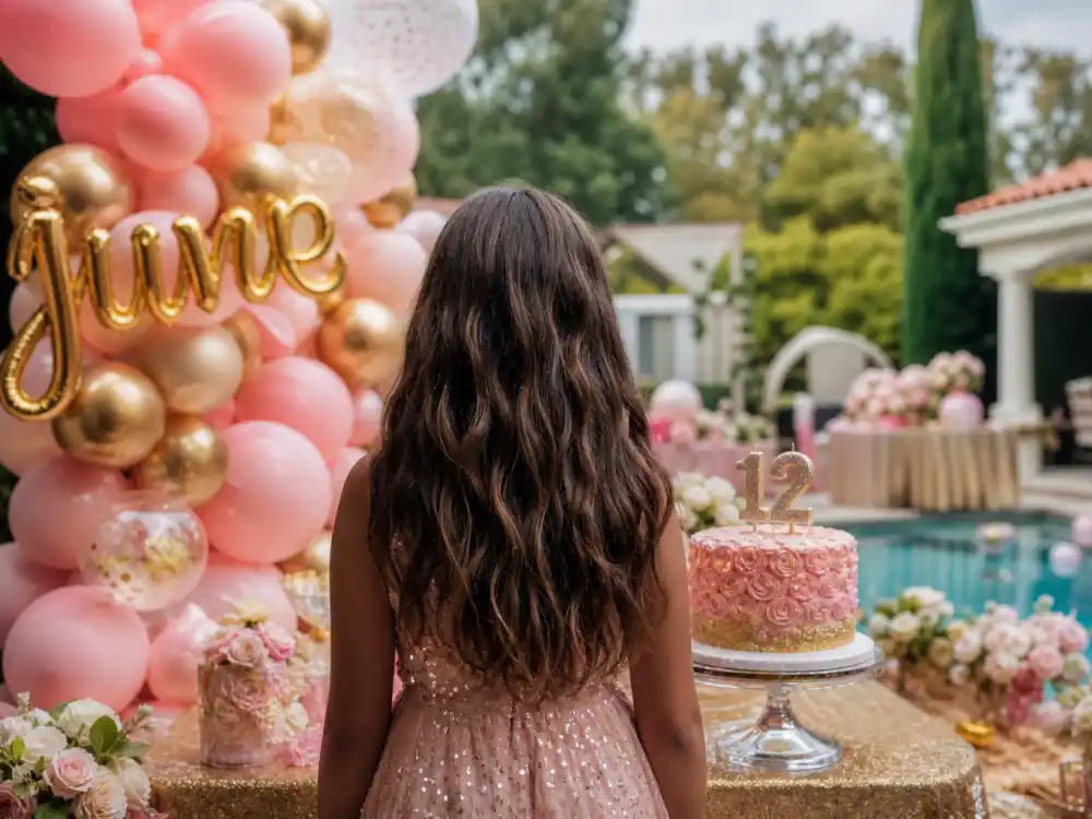 June birthday party setup for North West age 12 — Kim Kardashian kids names ages and birthdays timeline starts June 15 2013 per People