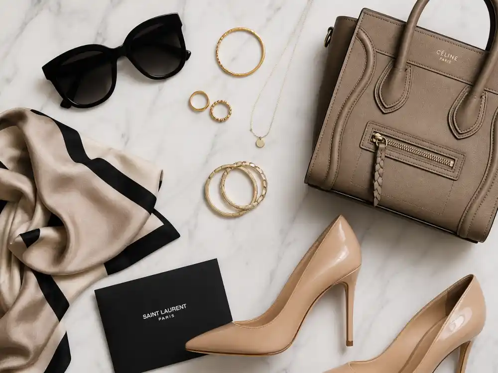 Maternity street style accessories flat lay with sunglasses heels handbag and gold jewelry essential to Kim Kardashian maternity street style paparazzi off-duty looks