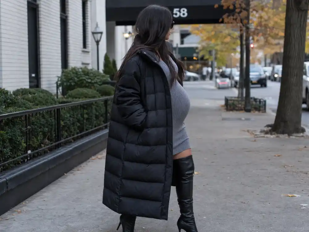 Anonymous pregnant woman in oversized black puffer coat over gray ribbed dress showing Kim Kardashian maternity street style layered outerwear formula
