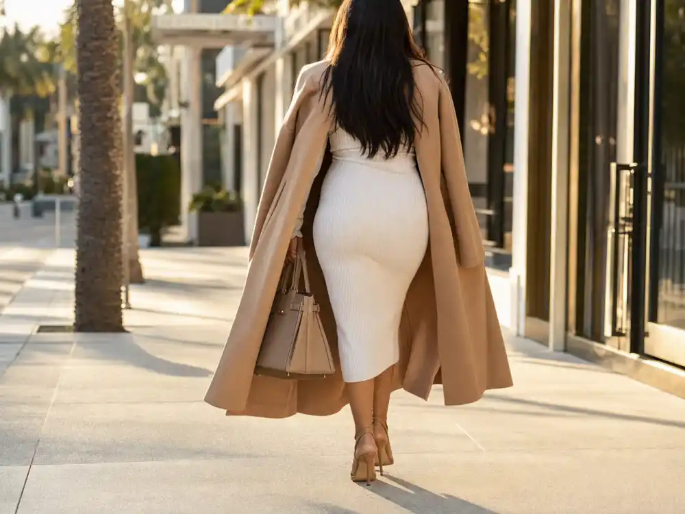Anonymous pregnant woman in white ribbed dress and camel coat walking Beverly Hills sidewalk illustrating Kim Kardashian maternity street style neutral monochrome palette