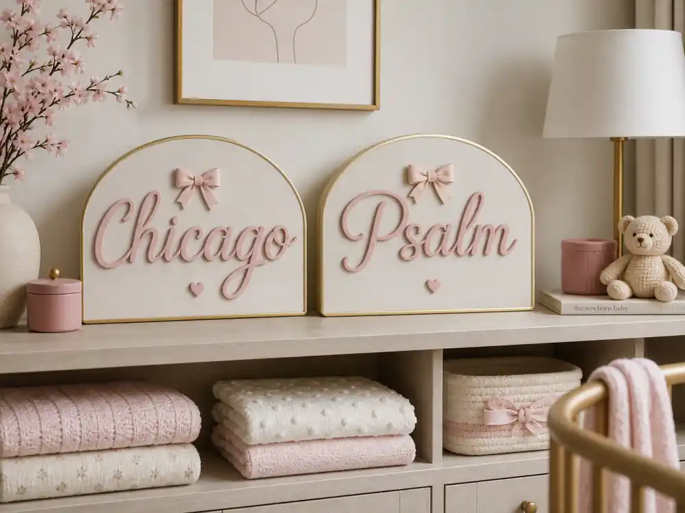 Chicago and Psalm nursery prep with name plaques for Kim Kardashian surrogate journey explained — neutral luxury nursery before both surrogate births